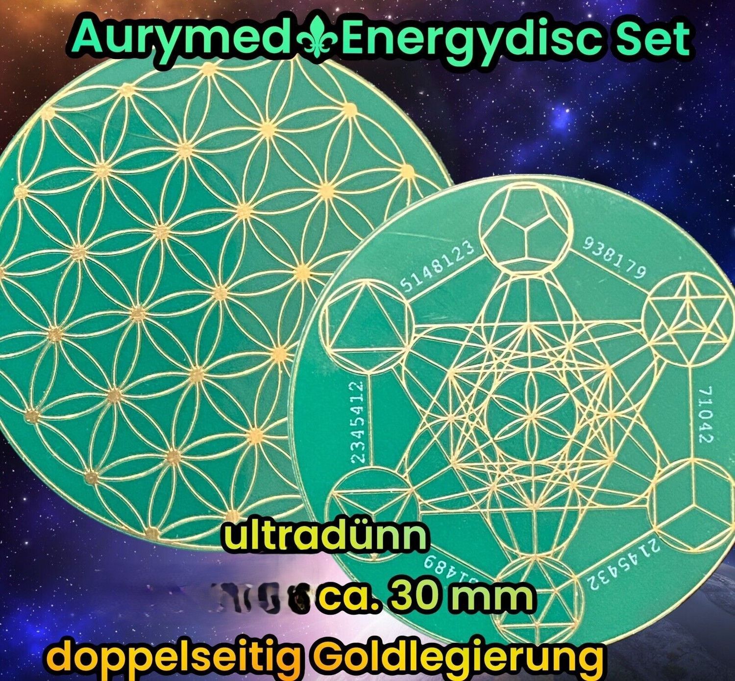 30 mm Disc  - 12 Stück Set - Blume des Lebens - Metatron, doppelseitig Symbolik gold Legierung, Kupfer unterlegt, waldgrün, mit oder ohne PLA Ring