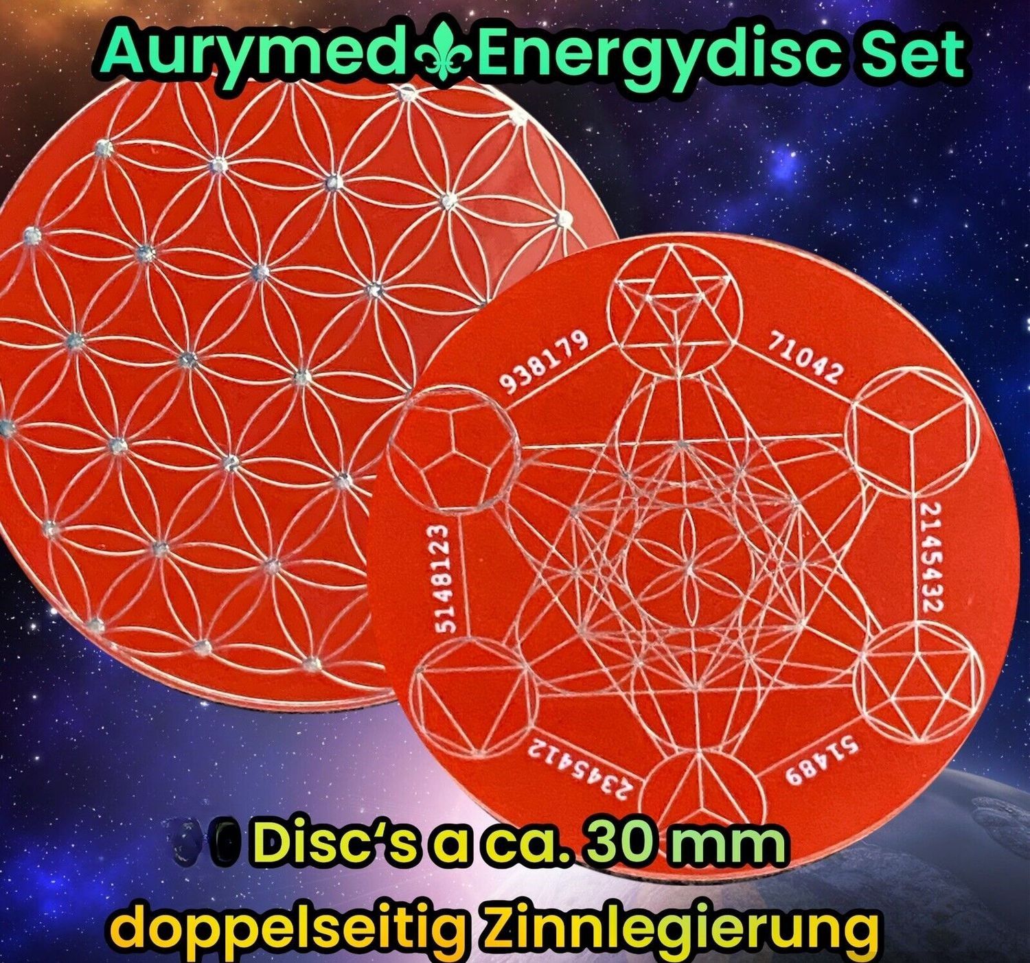 30 mm Disc  - 54 Stück Set - Blume des Lebens - Metatron, Zinn Legierung, Kupfer unterlegt, rot - mit oder ohne PLA Ring