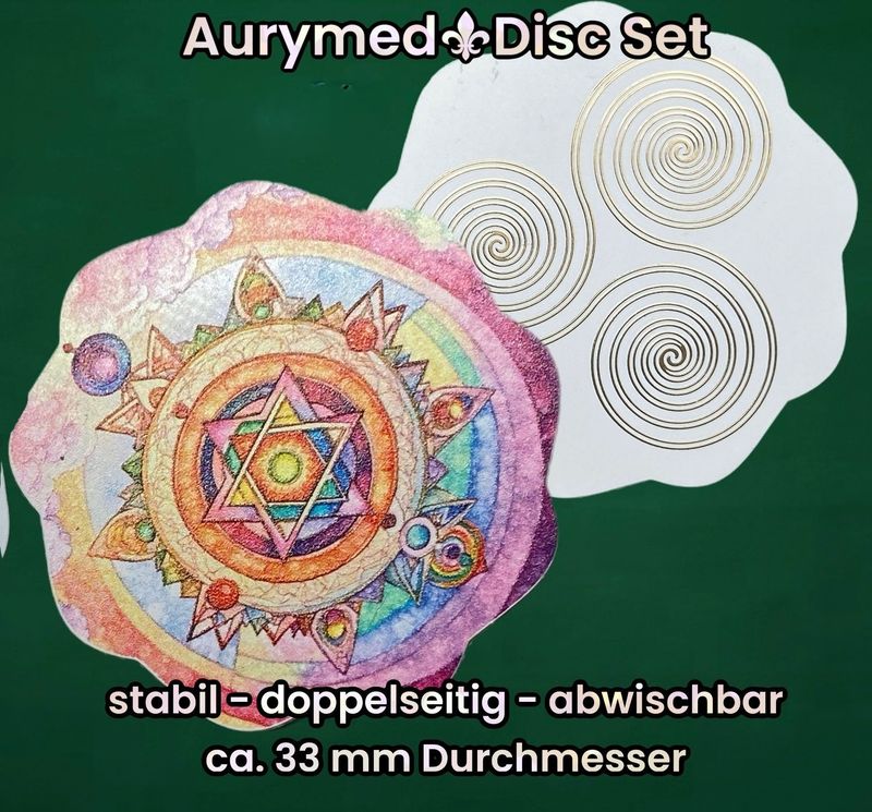 33 mm Disc - 6 Stück Set - Triskele trifft den galaktischen Jahreszeitkreis, doppelseitig, 1 Seite Gold legiert, Kupfer unterlegt 33 mm Disc - 6 Stück Set - Triskele trifft den galaktischen Jahreszeitkreis, doppelseitig, 1 Seite Gold legiert, Kupfer unterlegt