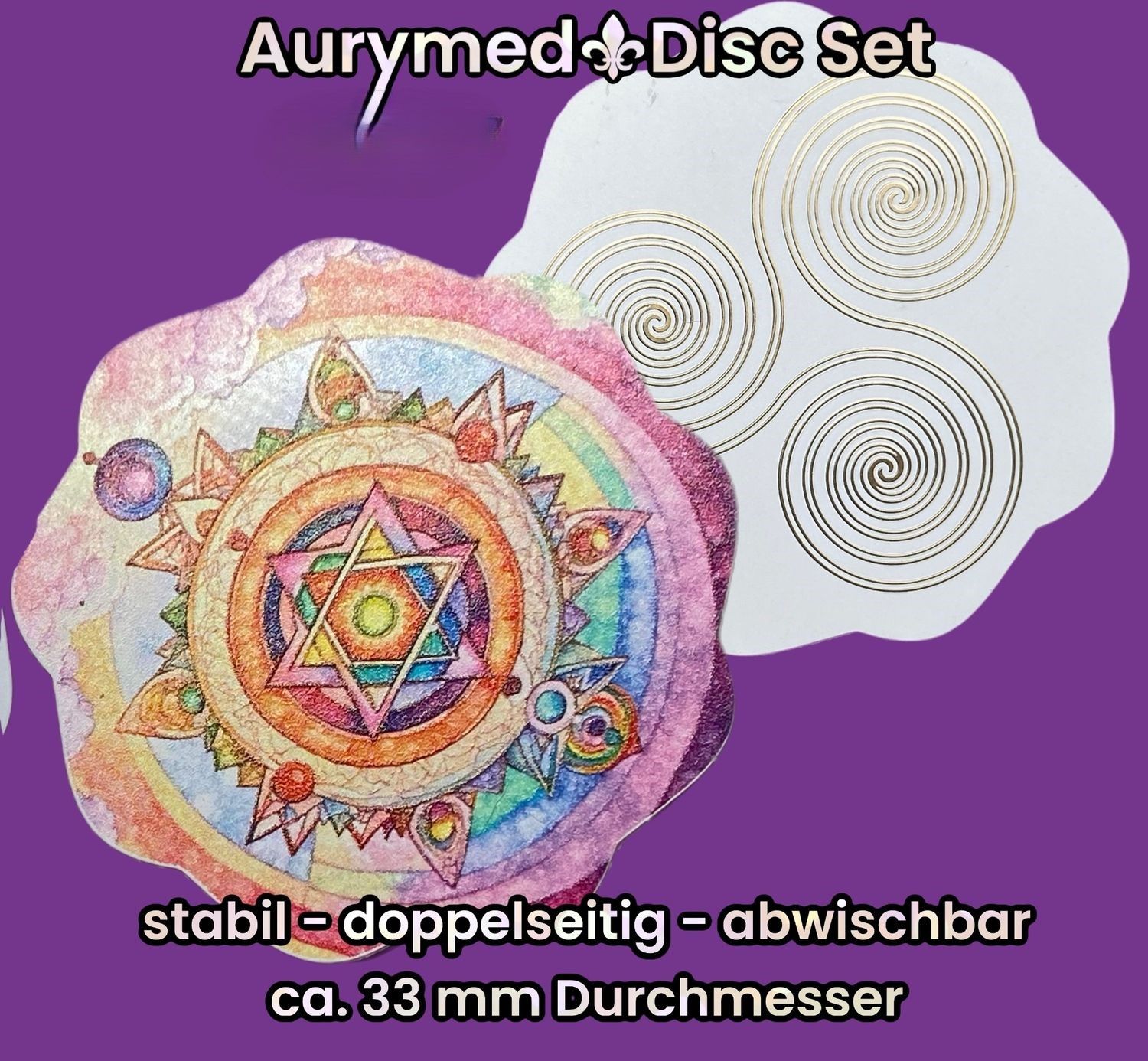 33 mm Disc - 18 Stück Set - Triskele trifft den galaktischen Jahreszeitkreis, doppelseitig, 1 Seite Gold legiert, Kupfer unterlegt