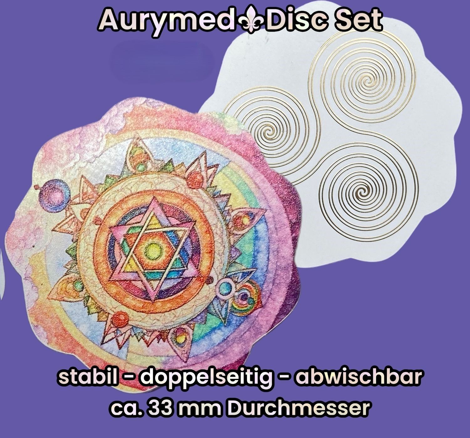 33 mm Disc - 12 Stück Set - Triskele trifft den galaktischen Jahreszeitkreis, doppelseitig, 1 Seite Gold legiert, Kupfer unterlegt