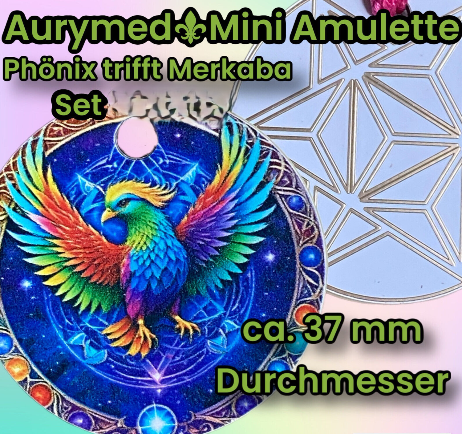 37 mm Disc 36 Stück Set - Phönix in Regenbogenfarben trifft die Merkaba, doppelseitig, 1 Seite Gold legiert, Kupfer unterlegt ->auch als   Anhänger zu tragen
