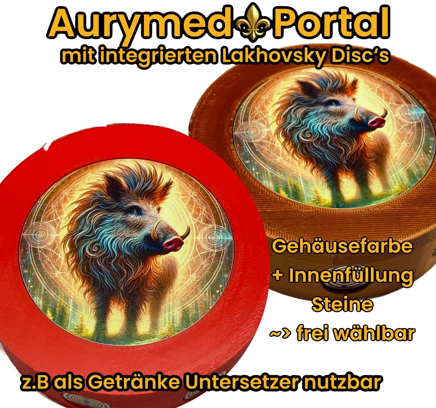 Portal Krafttier WILDSCHWEIN – Dein intergalaktisches Portal, wählbare Steinfüllung (mit oder ohne), PLA Gehäuse in deiner Wunschfarbe, 69mm Krafttier Disc kupferunterlegt