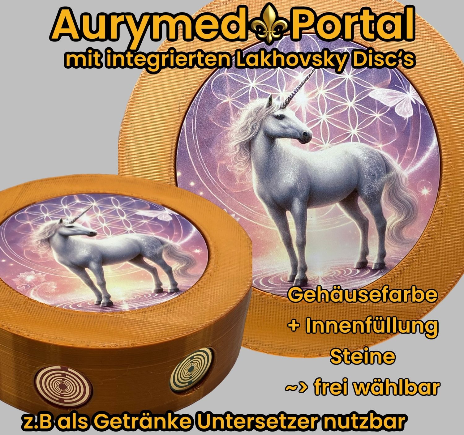 Portal Krafttier EINHORN – Dein intergalaktisches Portal, wählbare Steinfüllung (mit oder ohne), PLA Gehäuse in deiner Wunschfarbe, 69mm Krafttier Disc kupferunterlegt