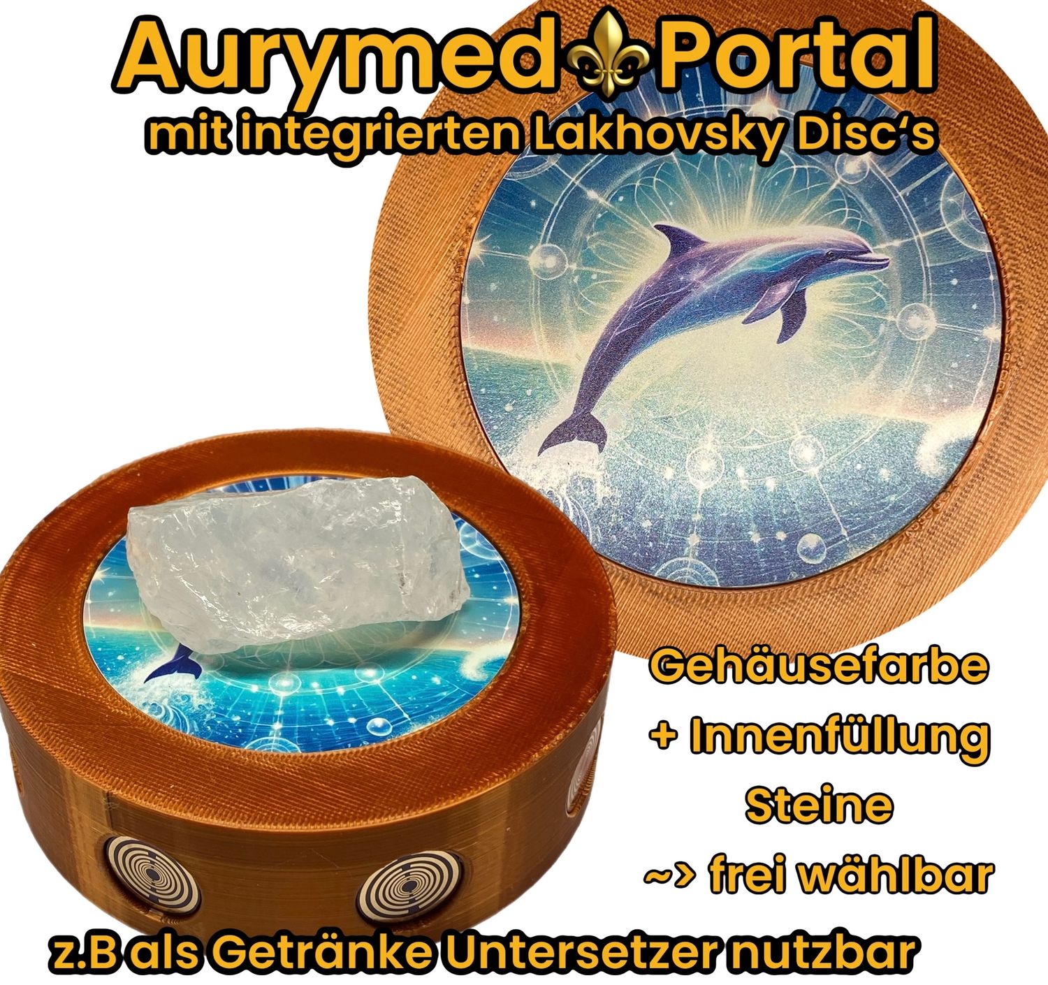 Portal Krafttier DELFIN – Dein intergalaktisches Portal, wählbare Steinfüllung (mit oder ohne), PLA Gehäuse in deiner Wunschfarbe, 69mm Krafttier Disc kupferunterlegt