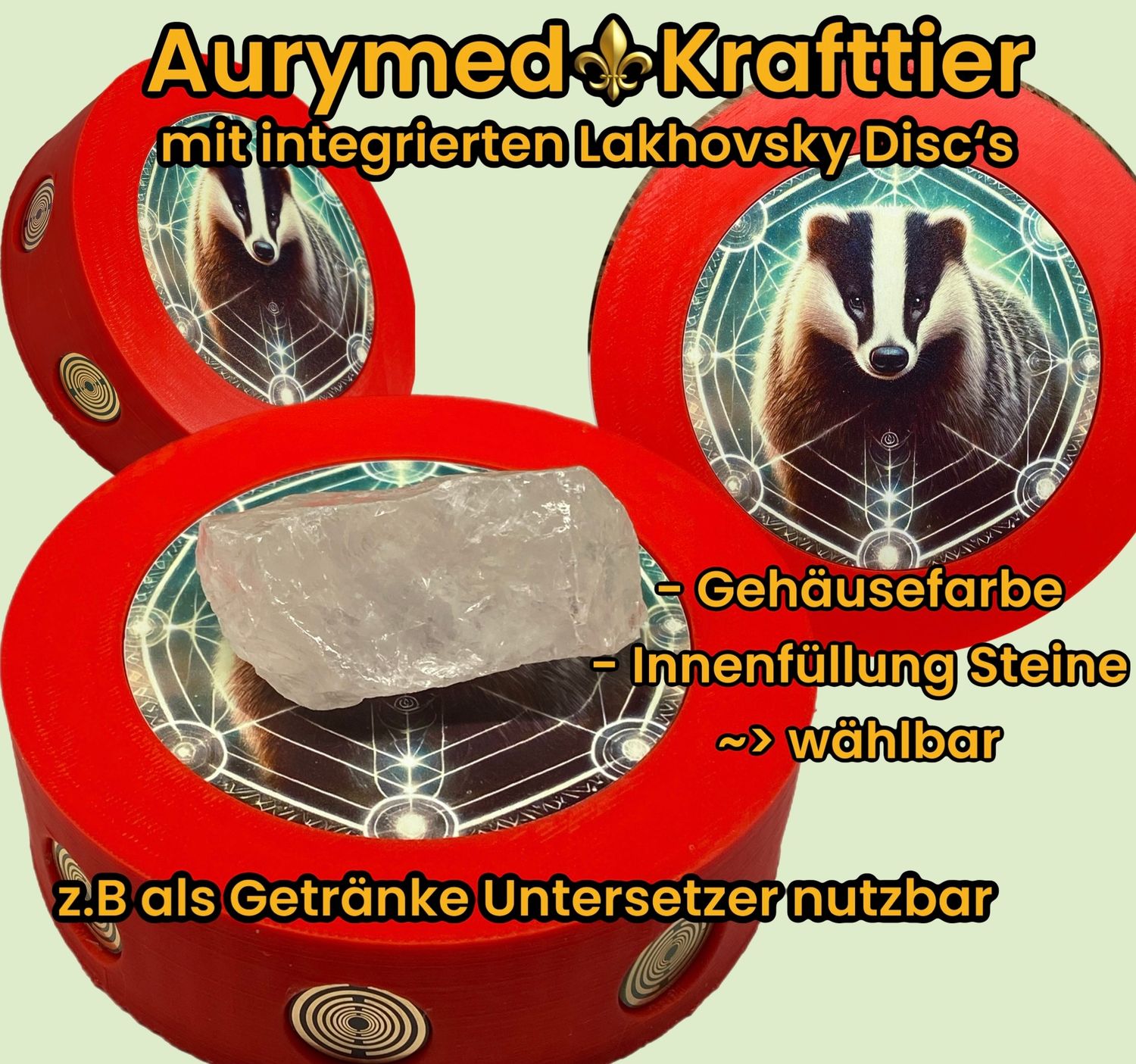 Portal Krafttier DACHS – Dein intergalaktisches Portal, wählbare Steinfüllung (mit oder ohne), PLA Gehäuse in deiner Wunschfarbe, 69mm Krafttier Disc kupferunterlegt