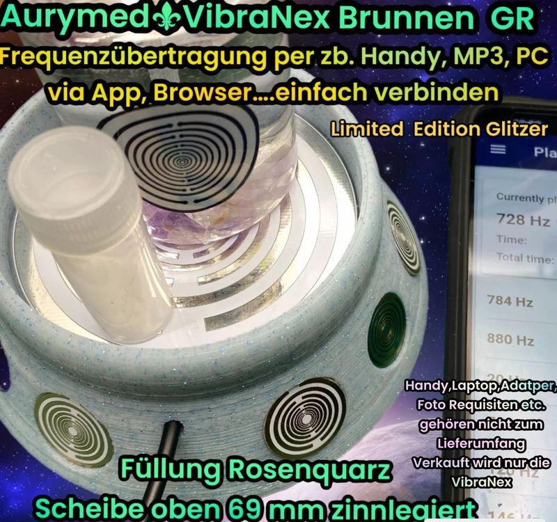 69 mm VibraNex Brunnen - Limited Glitzer Edition, Oberflächenplatte Zinn legiert, Füllung Rosenquarz 69 mm VibraNex Brunnen - Limited Glitzer Edition, Oberflächenplatte Zinn legiert, Füllung Rosenquarz