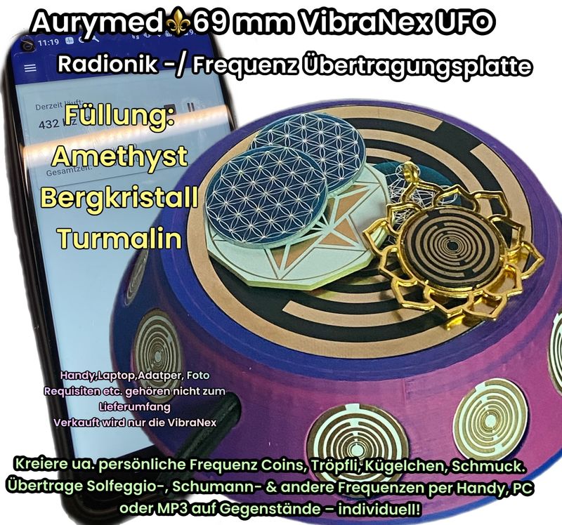 69 mm VibraNex UFO, Farbverlauf, Oberflächenplatte gold legiert, Füllung Bergkristall, Turmalin, Amethyst 69 mm VibraNex UFO, Farbverlauf, Oberflächenplatte gold legiert, Füllung Bergkristall, Turmalin, Amethyst