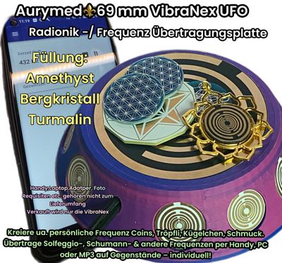 69 mm VibraNex UFO, Farbverlauf, Oberflächenplatte gold legiert, Füllung Bergkristall, Turmalin, Amethyst 69 mm VibraNex UFO, Farbverlauf, Oberflächenplatte gold legiert, Füllung Bergkristall, Turmalin, Amethyst