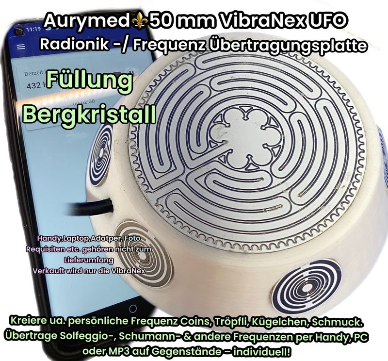 50 mm VibraNex UFO - weiß, Oberflächenplatte Zinn legiert, Füllung Bergkristall 50 mm VibraNex UFO - weiß, Oberflächenplatte Zinn legiert, Füllung Bergkristall