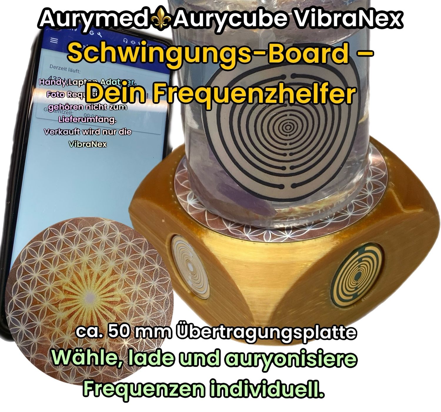 VibraNex Aurycube - 50 mm Oberflächenplatte - Blume des Lebens