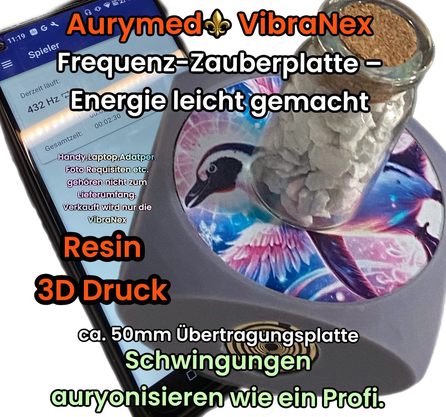 VibraNex Aurycube - Resin Harz- 50 mm Oberflächenplatte - Pinguin