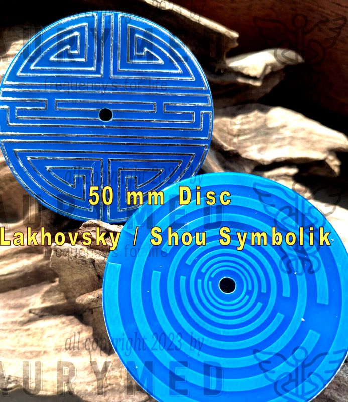 50 mm Disc -  2 Stück -das chinesische Shou Symbol trifft die MWO Lakhovsky Design Antenne, mittig ein kleines Loch, doppelseitig, einseitig Zinn legiert, einseitig blau legiert, Kupfer unterlegt,blau
