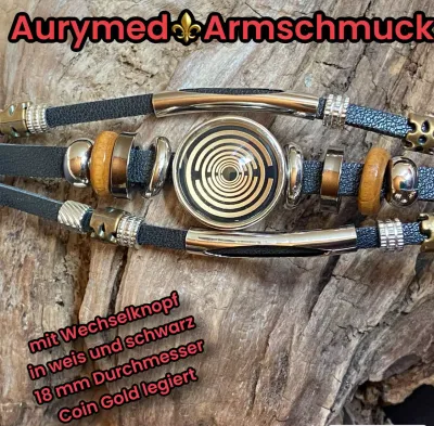 Armband-mehrsträngig, schwarz ,mit 2x Wechseldruckknopf,Symbol Lakhovsky MWO Schwingkreis Oszillator Antenne (stromlos), Wechsel Disc ca. 18 mm hinter Glas,