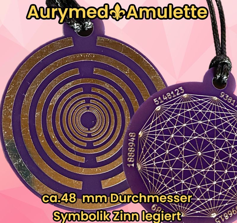 Amulette -  Disc ca. 48x58 mm, doppelseitig, Dodecagram und Lakhovsyk Symbol MWO Antenne, lila,  Zinn legiert, Kupfer unterlegt