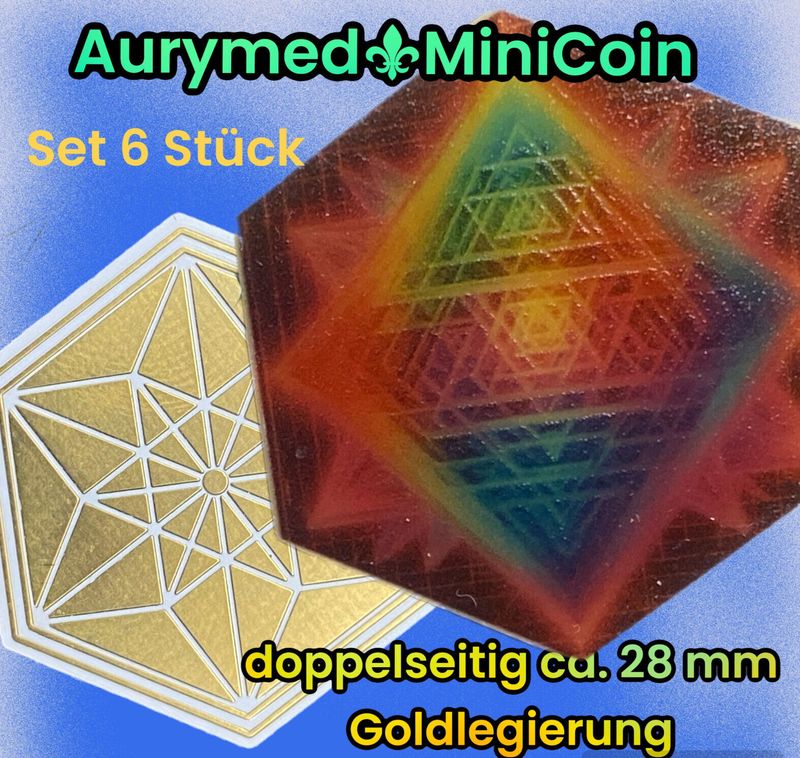 28 mm Disc - Mini Coin 6 er Set - 6-ECK - Vector Equilibrium trifft das verspielt angedeutete Sri Yantra Symbol der heiligen Geometrie, doppelseitig, 1-seitig Goldlegiert, Kupfer unterlegt