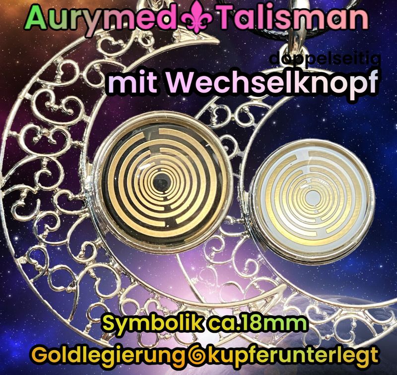 Amulette - Mond mit Wechseldruckknopf mit weißer und schwarzer Lakhovsky Antennen Symbol Wechselknopf Disc (Gold legiert), ca.18 mm, Kupfer unterlegt
