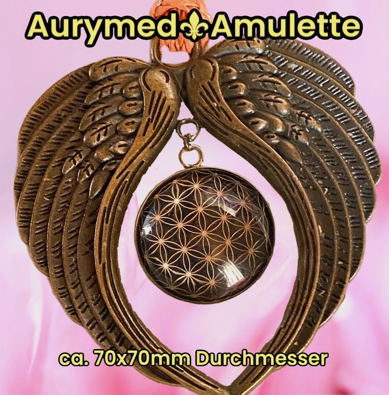 Amulette - bronzefarbend, Engelsflügel, Blume des Lebens, Disc in schwarz (hinter Glas) mit ca.25 mm Durchmesser, Disc Gold legiert, Kupfer unterlegt
