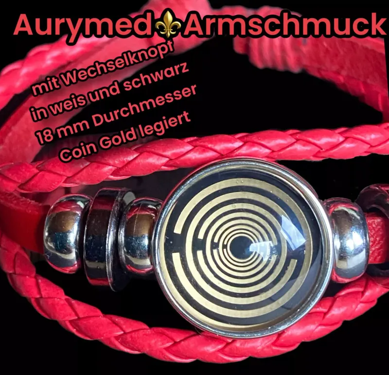 Armband-mehrsträngig, rot ,mit 2x Wechseldruckknopf,Symbol Lakhovsky MWO Schwingkreis Oszillator Antenne (stromlos), Wechsel Disc ca. 18 mm hinter Glas
