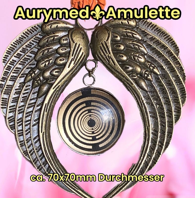 Amulette - bronzefarbend, Engelsflügel, Lakhovsyk MWO Schwingkreis Antennen Design, Disc in schwarz (hinter Glas) mit ca.25 mm Durchmesser, Disc Gold legiert, Kupfer unterlegt