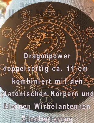110 mm Disc - chinesischer Drache Dragon mit den platonischen Körpern trifft die 3 fach Triskele, doppelseitig, Zinn legiert, Kupfer unterlegt, nachtschwarz