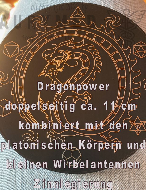 110 mm Disc - chinesischer Drache Dragon mit den platonischen Körpern trifft die 3 fach Triskele, doppelseitig, Zinn legiert, Kupfer unterlegt, nachtschwarz