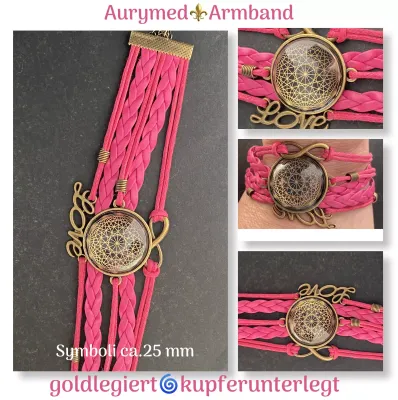 Armband - Dodecagram als nachtschwarzer ca. 25 mm großer Coin (hinter Glas) mit Goldlegierung in pinkes mehrsträngiges Band eingearbeitet Armband - Dodecagram als nachtschwarzer ca. 25 mm großer Coin (hinter Glas) mit Goldlegierung in pinkes mehrsträngiges Band eingearbeitet