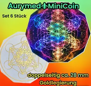 28 mm Disc - 6er-Set  - Merkaba-Flower of Life im Merkaba in Regenbogenfarben, doppelsetig, 1 seitig mit Gold legiert, Kupfer unterlegt