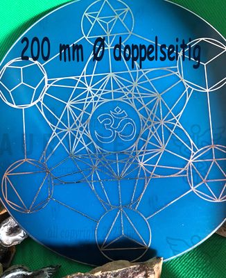 200 mm Disc - Metatron mit seinen platonischen Körpern vereint mit der Lakhovsky MWO Schwingkreis Antenne Ozillator, doppelseitig, Zinn Legierung,Kupfer unterlegt, blau