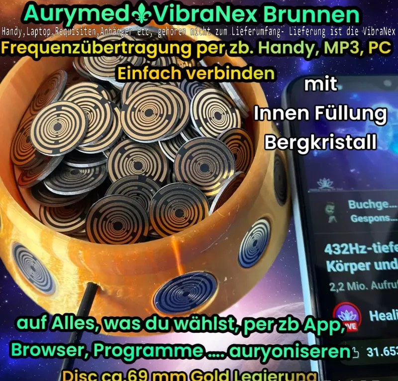 69 mm VibraNex Brunnen - silk golden, Oberflächenplatte gold legiert, Füllung Bergkristall