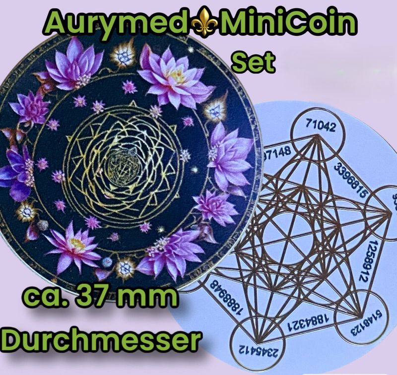 37 mm Disc - 6 Stück Set - Metatron - Sri Yantra - Lotusblüten, doppelseitig, 1 Seite Gold legiert, Kupfer unterlegt, ohne oder mit PLA Ring