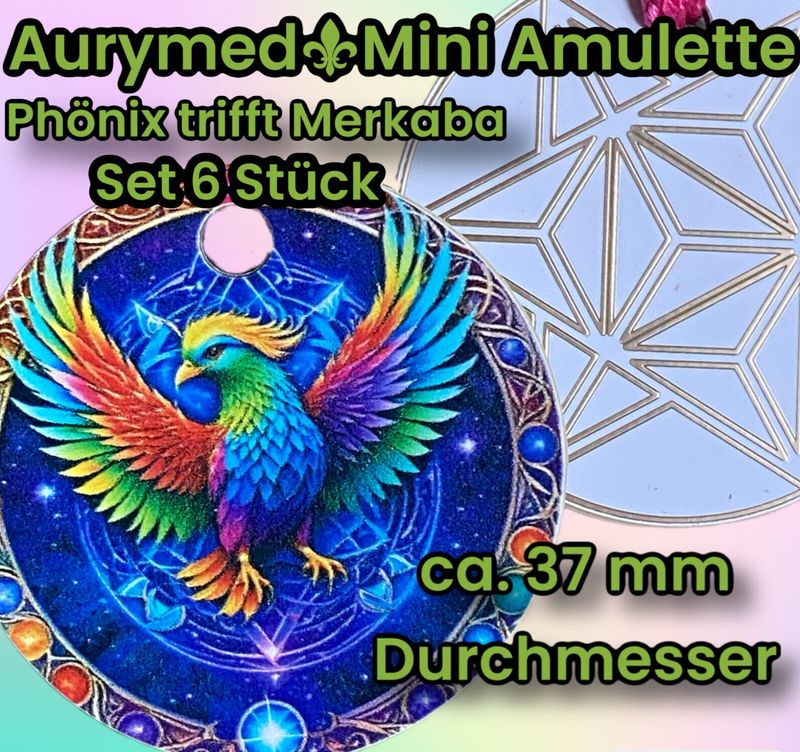 37 mm Disc 6-er Set - Phönix in Regenbogenfarben trifft die Merkaba, doppelseitig, 1 Seite Gold legiert, Kupfer unterlegt ->auch als   Anhänger zu tragen