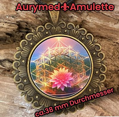 Amulette - bronzefarbend, Rahmen aus Blumen, die Lotusblüte mit der Blume des Lebens und dem Merkaba in regenbogenfarben, Disc ca. 25 mm Durchmesser, Kupfer unterlegt