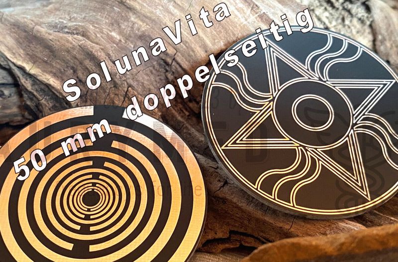 50 mm Disc - 2 Stück im Set -  Lakhovsky MWO Schwingkreis Antenne trifft das  Shamash Symbol, Zinn legiert, Kupfer unterlegt, doppelseitig, schwarz