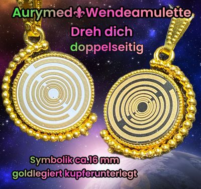 Amulette - Dreh-/Wende Anhänger goldfarbend (Kein GOLD), MWO Lakhovsky Symbol, 2 Coin`s je schwarz+weiß in ca. 16 mm Größe mit Goldlegierung eingearbeitet, Kupfer unterlegt Amulette - Dreh-/Wende Anhänger goldfarbend (Kein GOLD), MWO Lakhovsky Symbol, 2 Coin`s je schwarz+weiß in ca. 16 mm Größe mit Goldlegierung eingearbeitet, Kupfer unterlegt