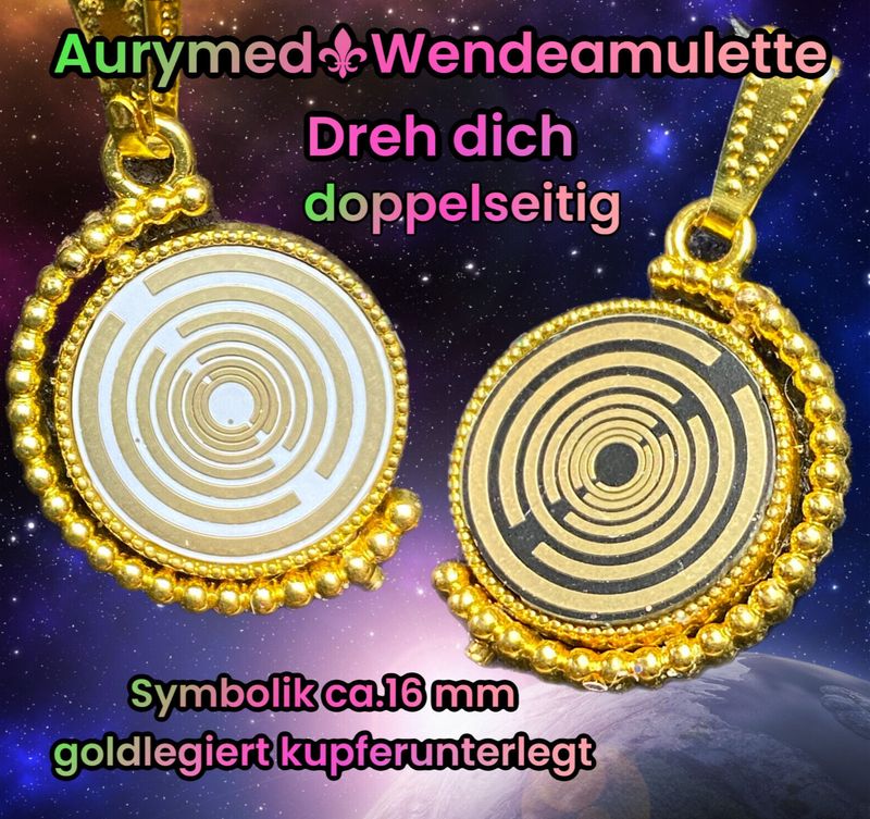Amulette - Dreh-/Wende Anhänger goldfarbend (Kein GOLD), MWO Lakhovsky Symbol, 2 Coin`s je schwarz+weiß in ca. 16 mm Größe mit Goldlegierung eingearbeitet, Kupfer unterlegt