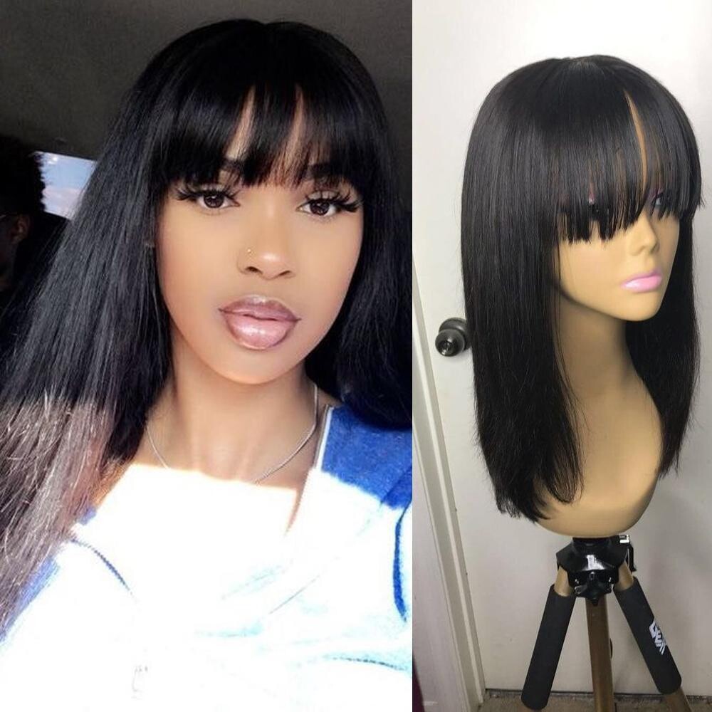 20&quot; Virgin human hair Straight Wig with bangs