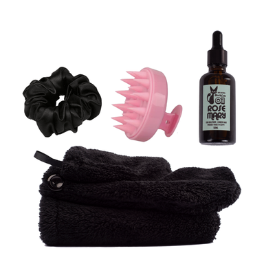 1 microfiber towel + rosemary oil + head massager + 1 satin scrunchie