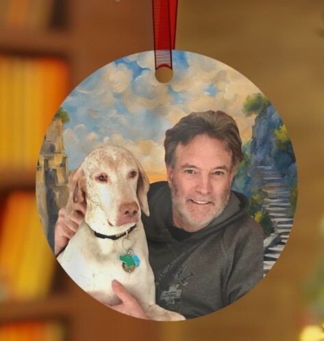 Personalized Gift with your pictures. Witty Dog Aluminum Keepsake Ornament. ROUND