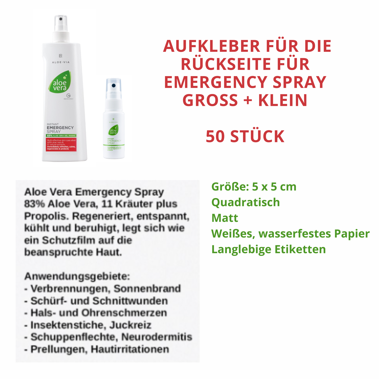Aloe Vera Emergency Spray Aufkleber | 50 Stück