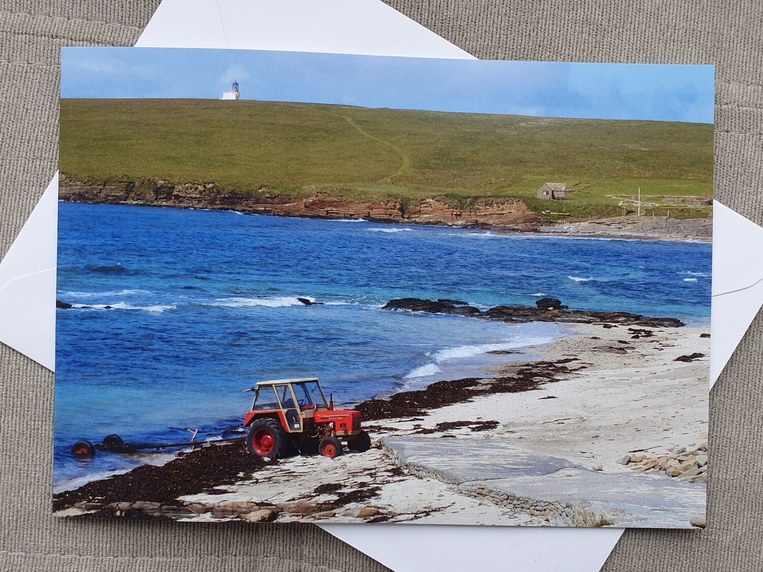 Farming Birthday card (blank)-Zetor tractor on the beach, Orkney