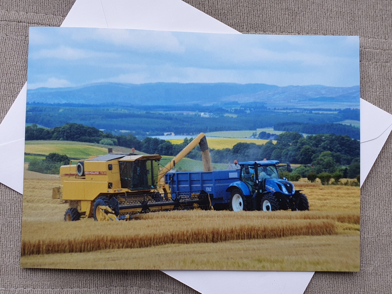 Farming Birthday card (blank) - New Holland combine &amp; NH tractor