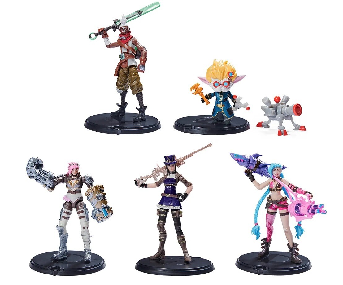 League of Legends, Dual Cities Pack con exclusivo Jinx, Heimerdinger, Vi, Caitlyn y Ekko, figuras coleccionables de 4 pulgadas