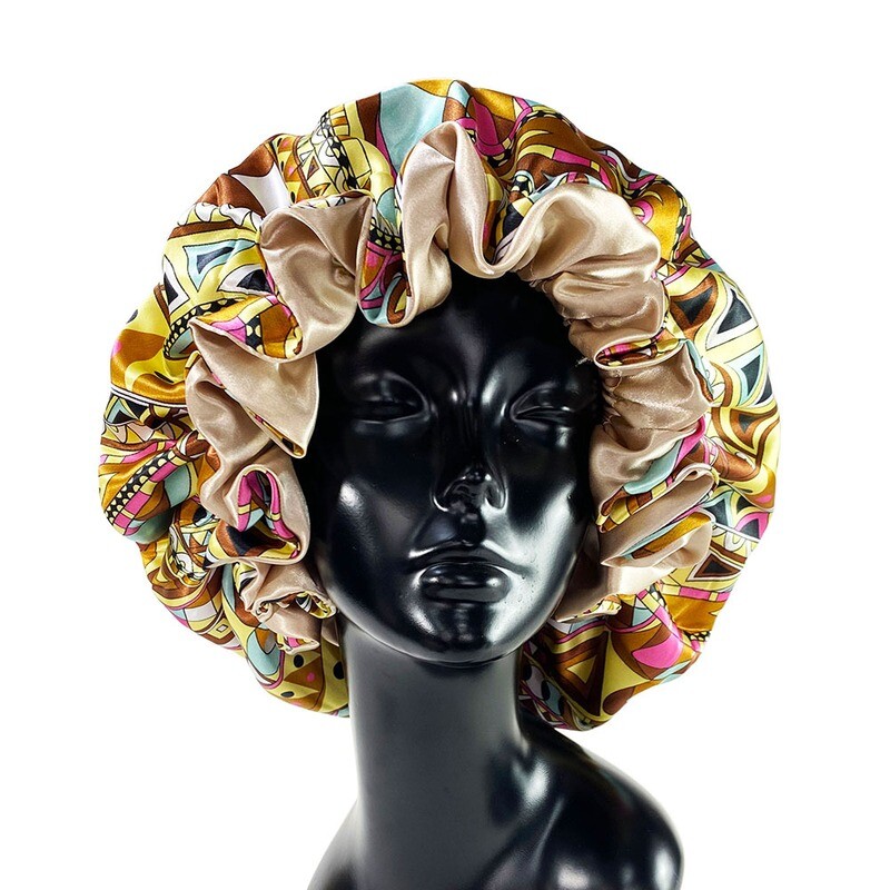 Women Satin Bonnet Cap Double Layer Silky Big Bonnet For Lady Printing