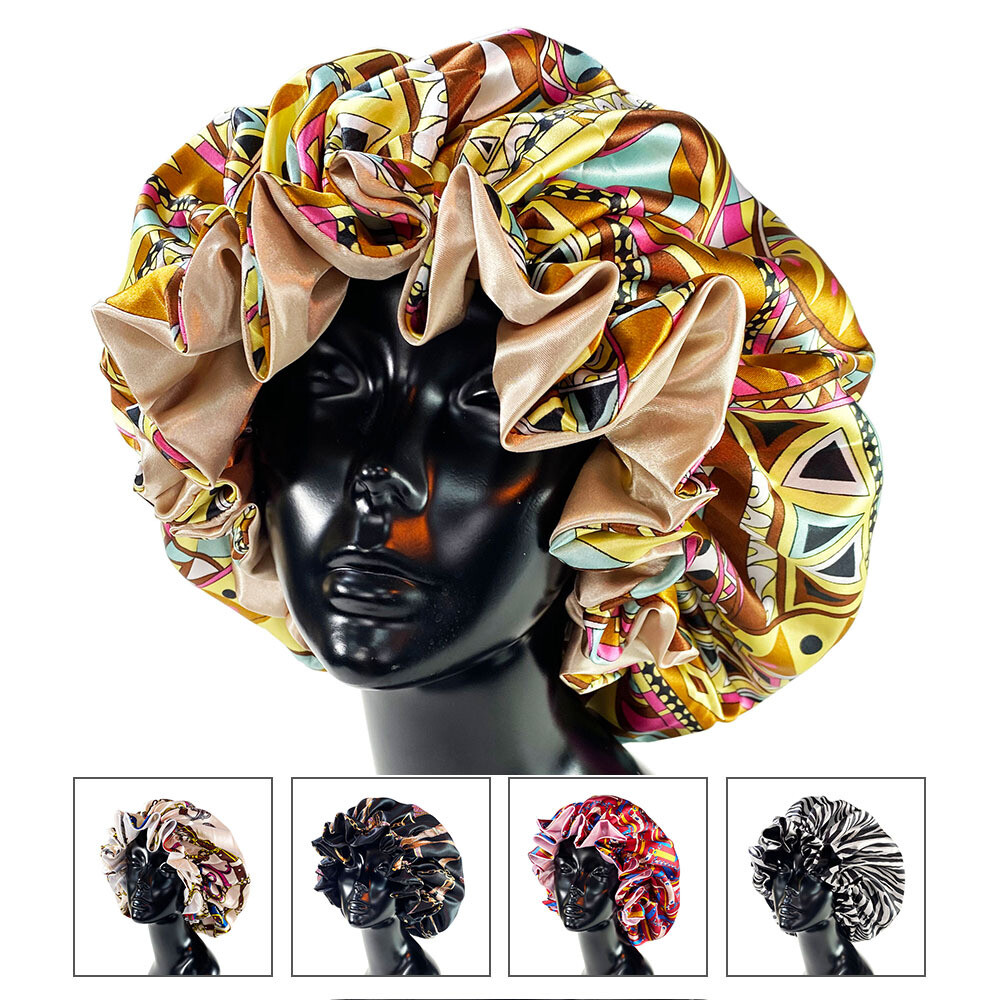 Women Satin Bonnet Cap Double Layer Silky Big Bonnet For Lady Printing