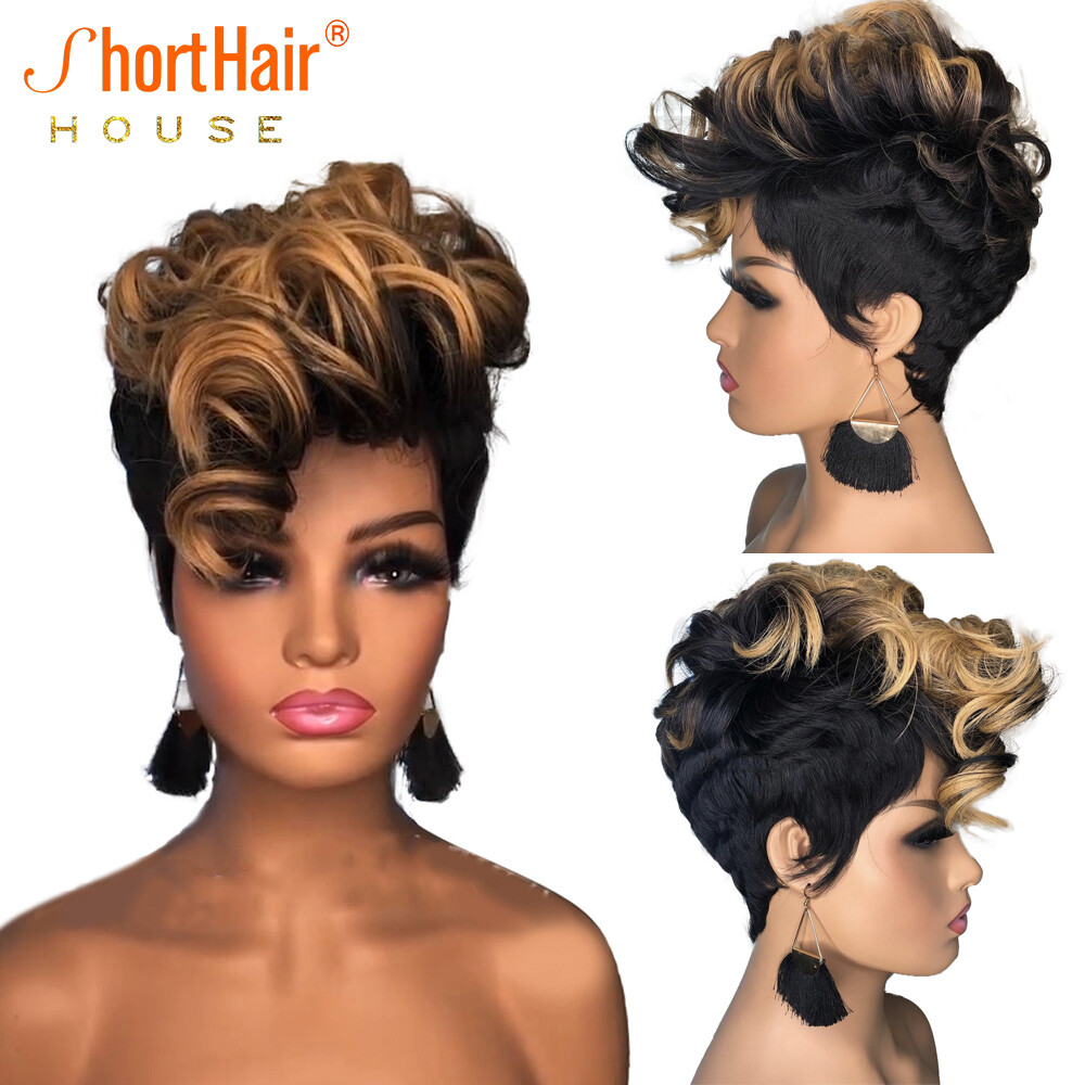 150% Ombre Blonde Color Short Bob Pixie Cut Wig With Bang Wave Way Wig