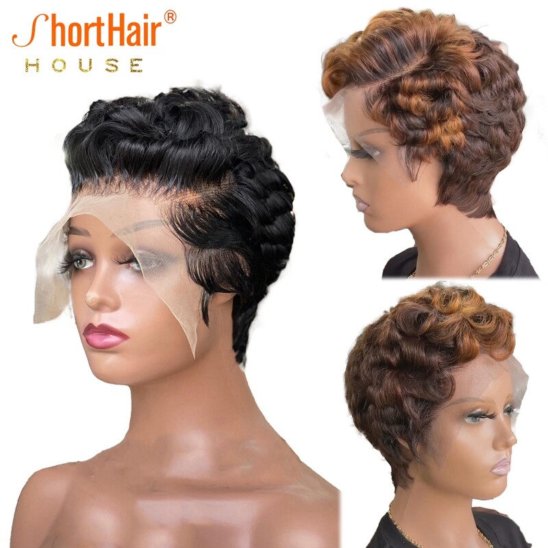 Highlight Colored Short Pixie Cut Bob Body Wave Human Hair Wigs