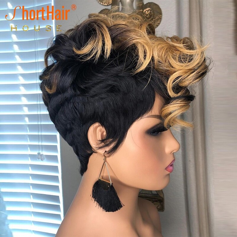 150% Ombre Blonde Color Short Bob Pixie Cut Wig With Bang Wave Way Wig