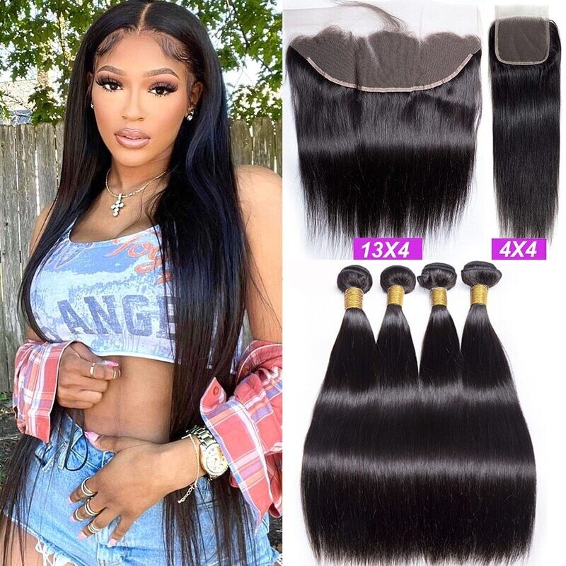 Peruvian Straight Bundles With Frontal 100% Human Hair 3 Bundles With