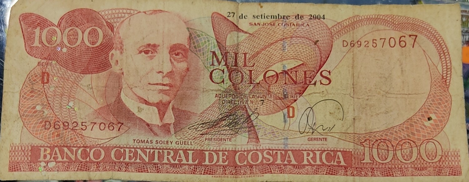Mil Colones Banco Central de Costa Rica Serie D 2004